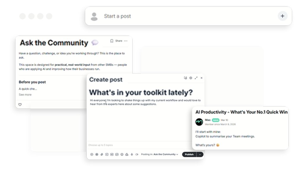 Community channel showing a member asking 'What's in your toolkit lately?' with replies from other members
