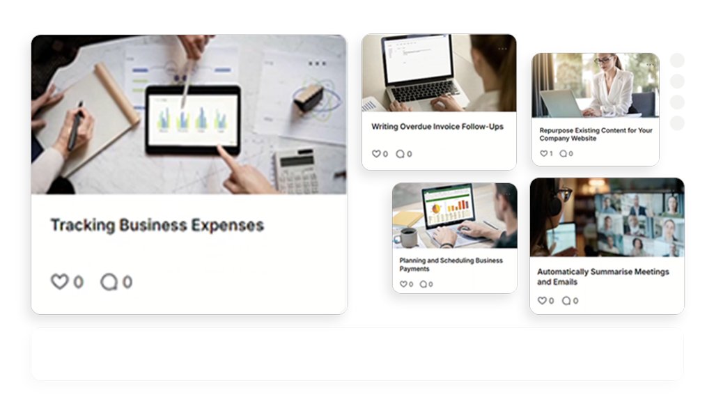 Playbooks library showing guides like 'Tracking Business Expenses' and 'Planning and Scheduling Business Payments'